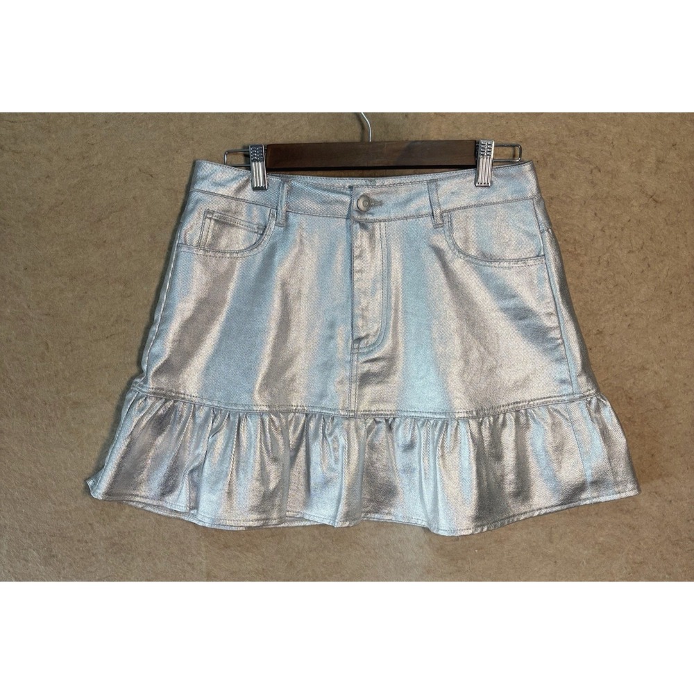 Peach Love California Mini Skirt Womens Sz M Silver Metallic Ruffle Party
